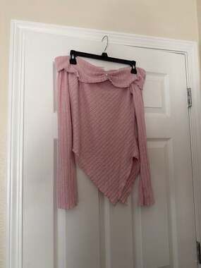 Pink Off Shoulder Lettuce Trim Asymmetrical Hem Ribbed Knit Long Sleeve Top